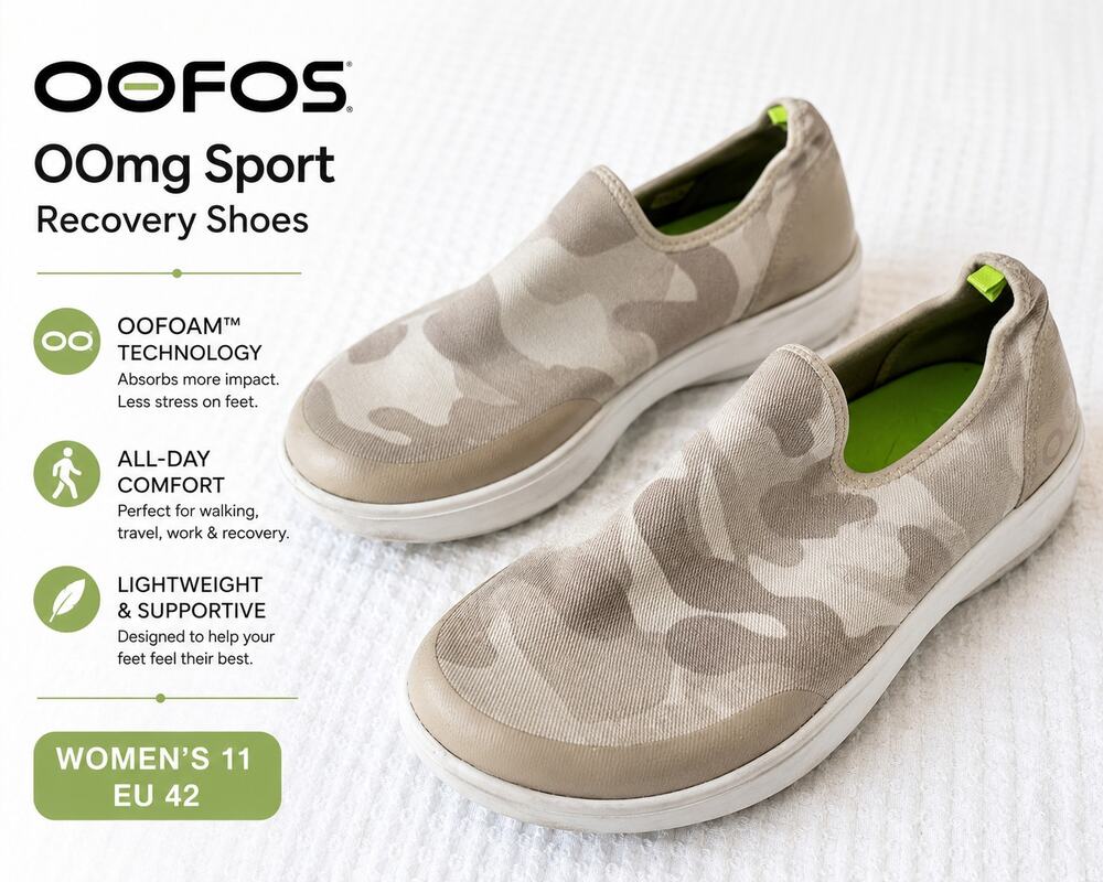 OOFOS OOmg Sport Camo Slip On Recovery Shoes Beige Taupe Womens 11 EU 42 Comfort